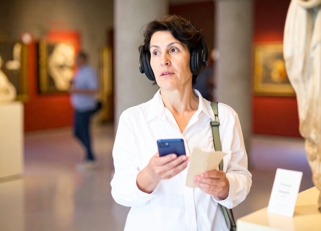 visitor has a subtle gasp while listening on headphones